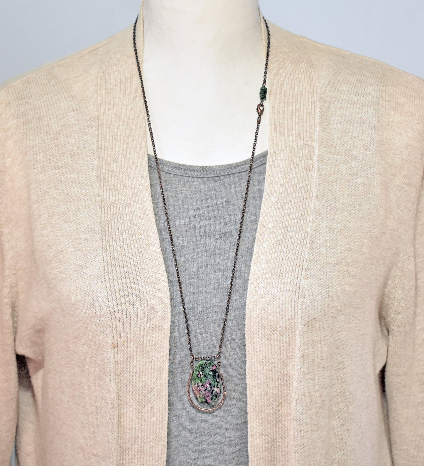 Ruby Zoisite and Copper Necklace, Artisan Natural Stone Pendant