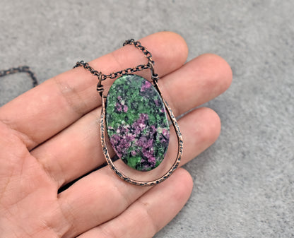 Ruby Zoisite and Copper Necklace, Artisan Natural Stone Pendant