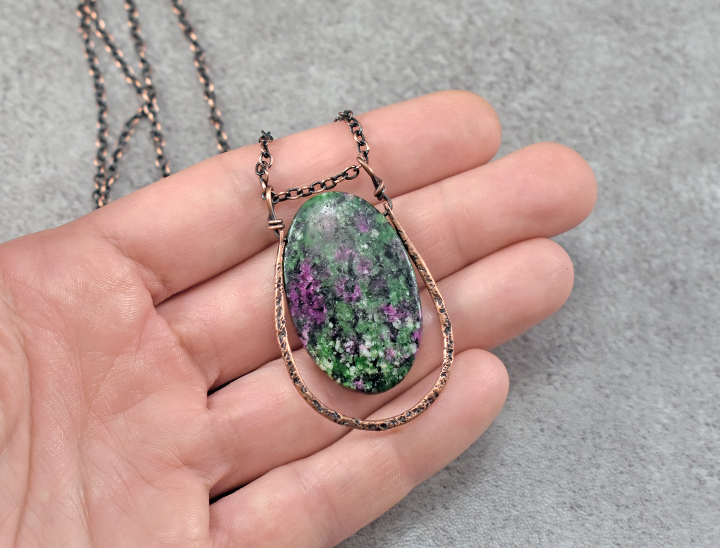 Ruby Zoisite and Copper Necklace, Artisan Natural Stone Pendant