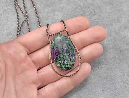 Ruby Zoisite and Copper Necklace, Artisan Natural Stone Pendant