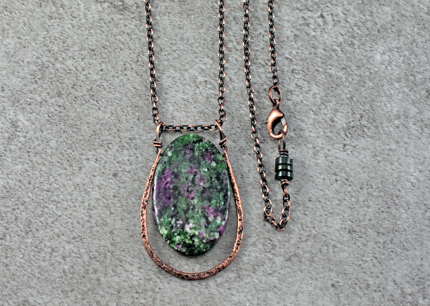 Ruby Zoisite and Copper Necklace, Artisan Natural Stone Pendant