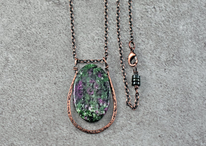 Ruby Zoisite and Copper Necklace, Artisan Natural Stone Pendant