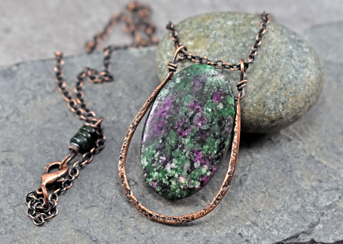 Ruby Zoisite and Copper Necklace, Artisan Natural Stone Pendant