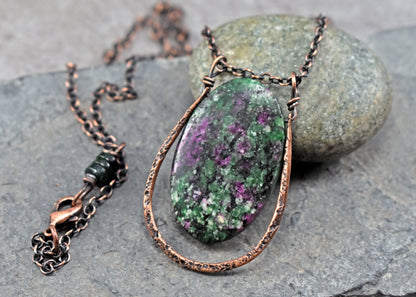 Ruby Zoisite and Copper Necklace, Artisan Natural Stone Pendant