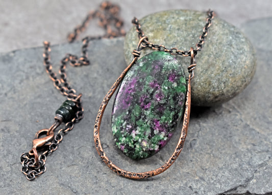 Ruby Zoisite and Copper Necklace, Artisan Natural Stone Pendant