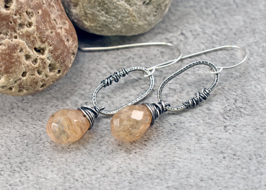 Golden Rutilated Quartz Teardrop Earrings, Yellow Gemstone, Rustic Sterling Silver Wire Dangles