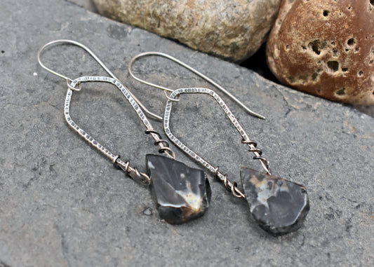 Rutilated Quartz and Sterling Silver Dangle Earrings, Rustic Black and White Handmade Artisan Jewelry