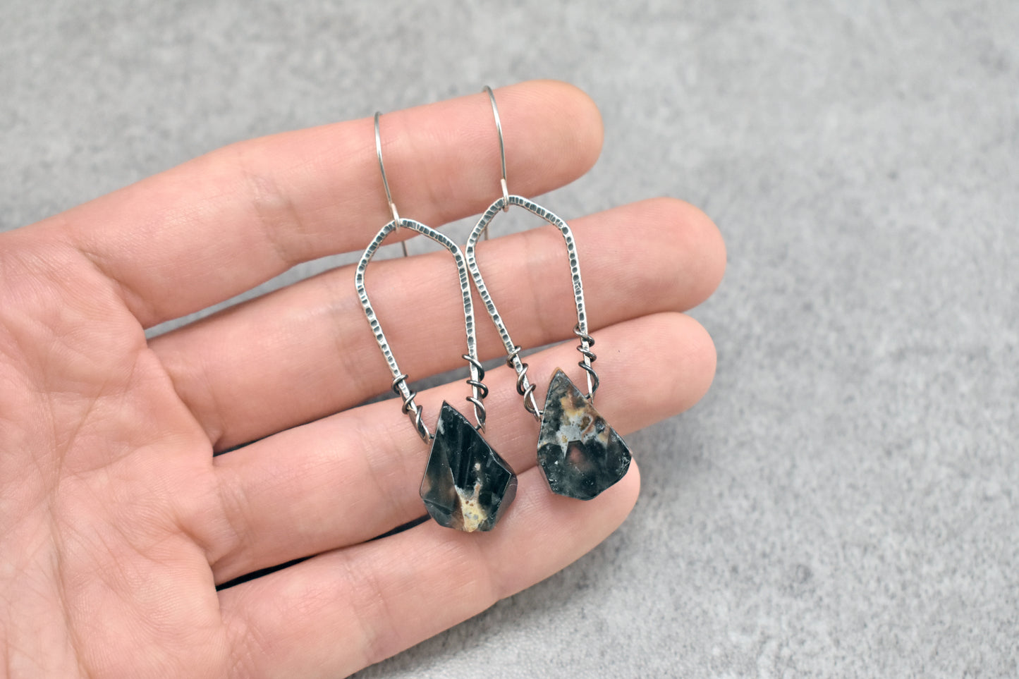 Rutilated Quartz and Sterling Silver Dangle Earrings, Rustic Black and White Handmade Artisan Jewelry