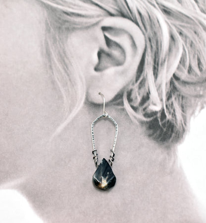 Rutilated Quartz and Sterling Silver Dangle Earrings, Rustic Black and White Handmade Artisan Jewelry