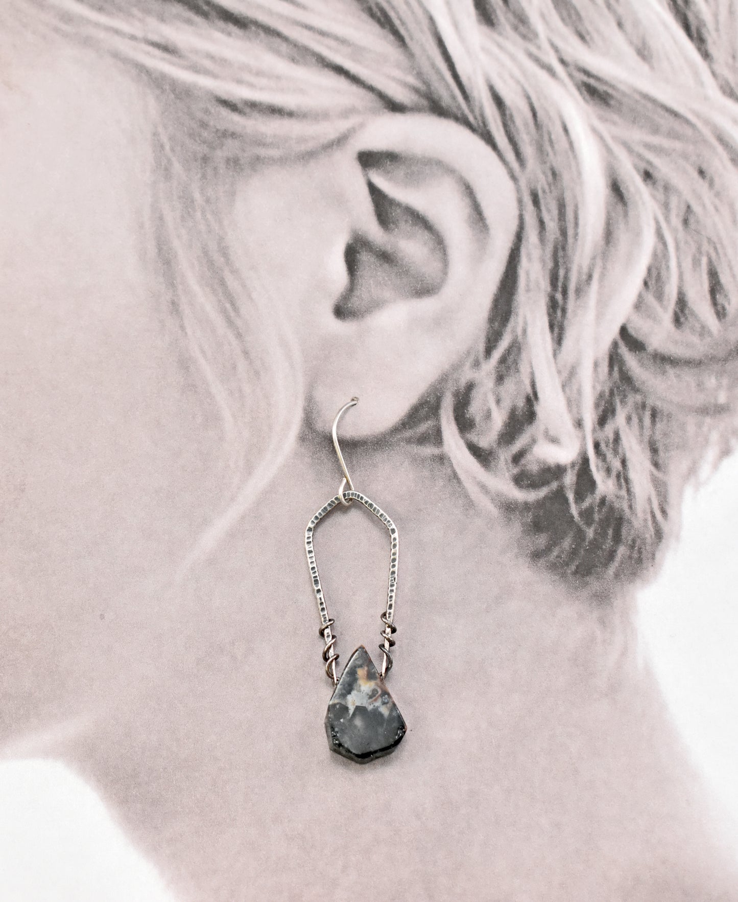 Rutilated Quartz and Sterling Silver Dangle Earrings, Rustic Black and White Handmade Artisan Jewelry