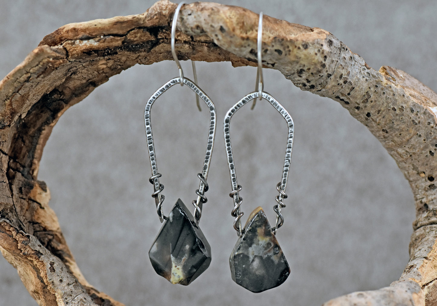 Rutilated Quartz and Sterling Silver Dangle Earrings, Rustic Black and White Handmade Artisan Jewelry