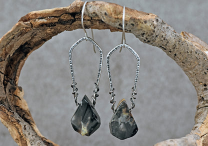 Rutilated Quartz and Sterling Silver Dangle Earrings, Rustic Black and White Handmade Artisan Jewelry