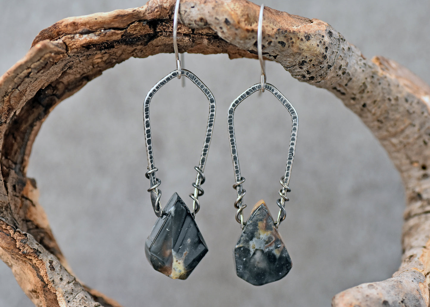 Rutilated Quartz and Sterling Silver Dangle Earrings, Rustic Black and White Handmade Artisan Jewelry
