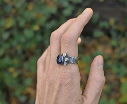 Dark Blue Faceted Sapphire and Sterling Silver Ring, Size 9, Rustic Silversmith Jewelry