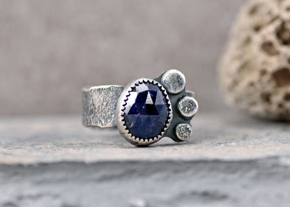 Dark Blue Faceted Sapphire and Sterling Silver Ring, Size 9, Rustic Silversmith Jewelry