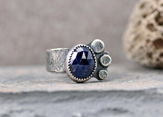 Dark Blue Faceted Sapphire and Sterling Silver Ring, Size 9, Rustic Silversmith Jewelry