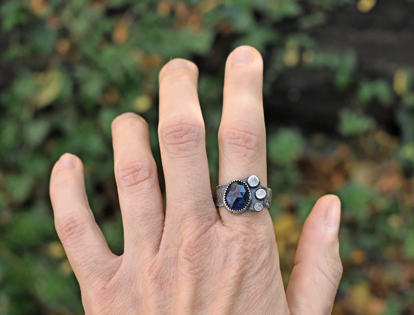 Dark Blue Faceted Sapphire and Sterling Silver Ring, Size 9, Rustic Silversmith Jewelry
