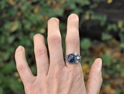 Dark Blue Faceted Sapphire and Sterling Silver Ring, Size 9, Rustic Silversmith Jewelry
