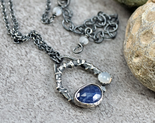 Small Blue Sapphire, Moonstone and Sterling Silver Necklace