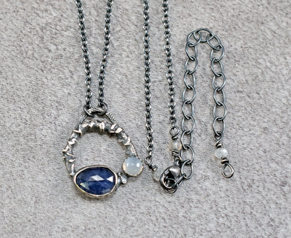 Small Blue Sapphire, Moonstone and Sterling Silver Necklace