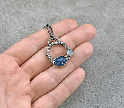 Small Blue Sapphire, Moonstone and Sterling Silver Necklace