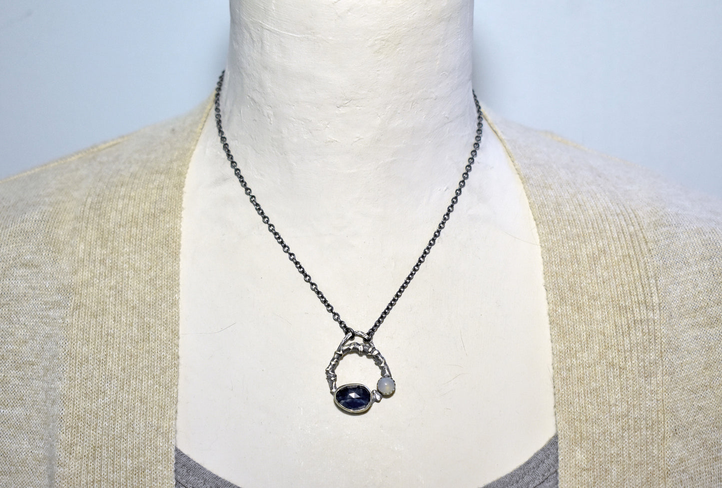 Small Blue Sapphire, Moonstone and Sterling Silver Necklace