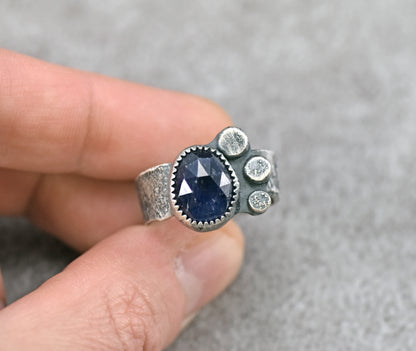 Dark Blue Faceted Sapphire and Sterling Silver Ring, Size 9, Rustic Silversmith Jewelry