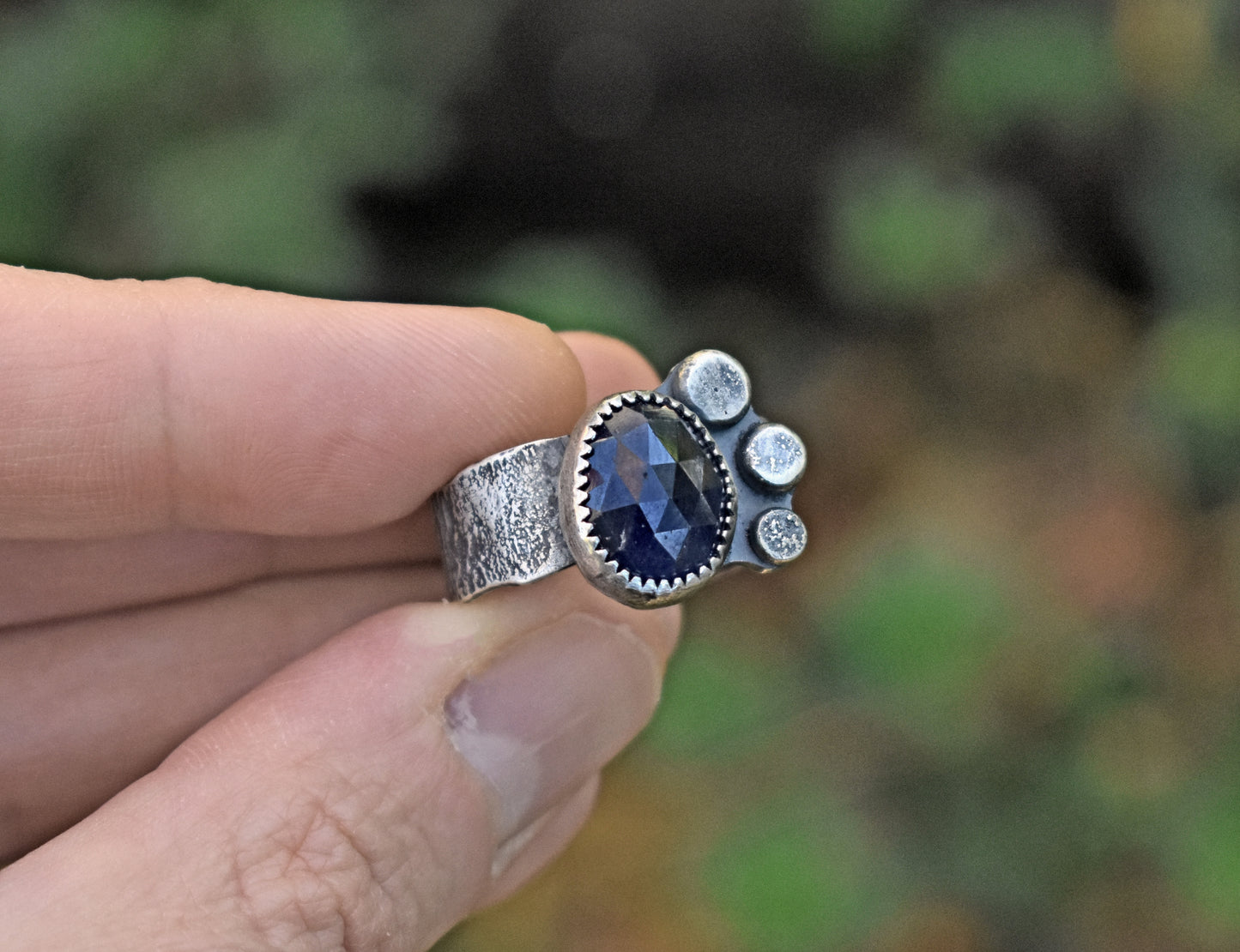 Dark Blue Faceted Sapphire and Sterling Silver Ring, Size 9, Rustic Silversmith Jewelry