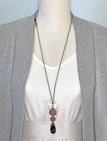 Long Black Sardonyx and Quartz Point Copper Necklace,  Rustic Handmade Jewelry