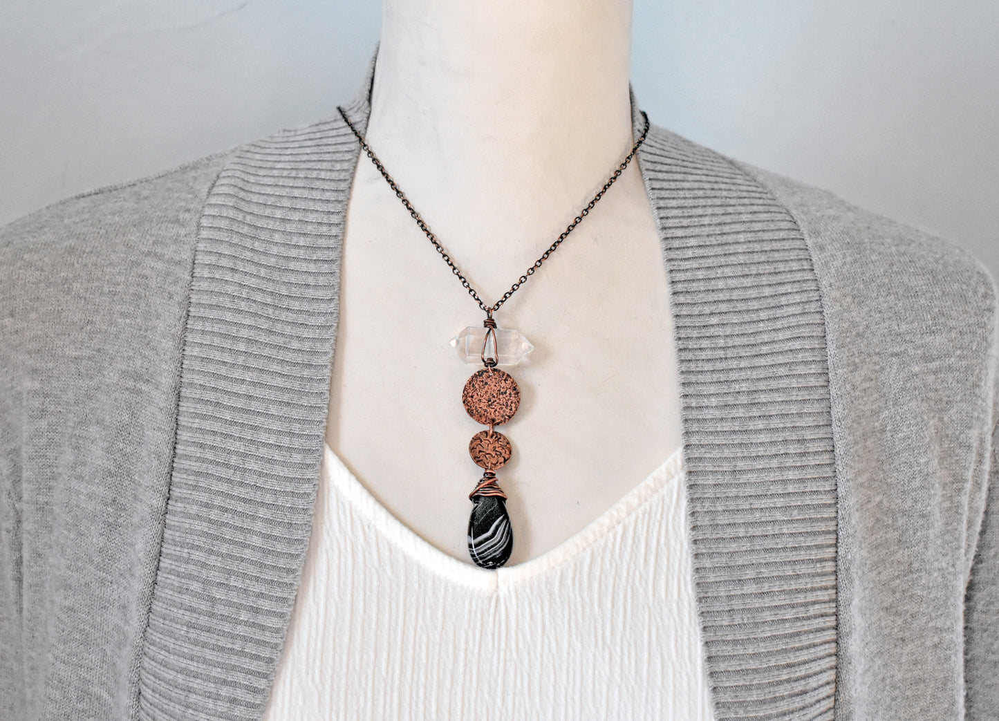 Long Black Sardonyx and Quartz Point Copper Necklace,  Rustic Handmade Jewelry