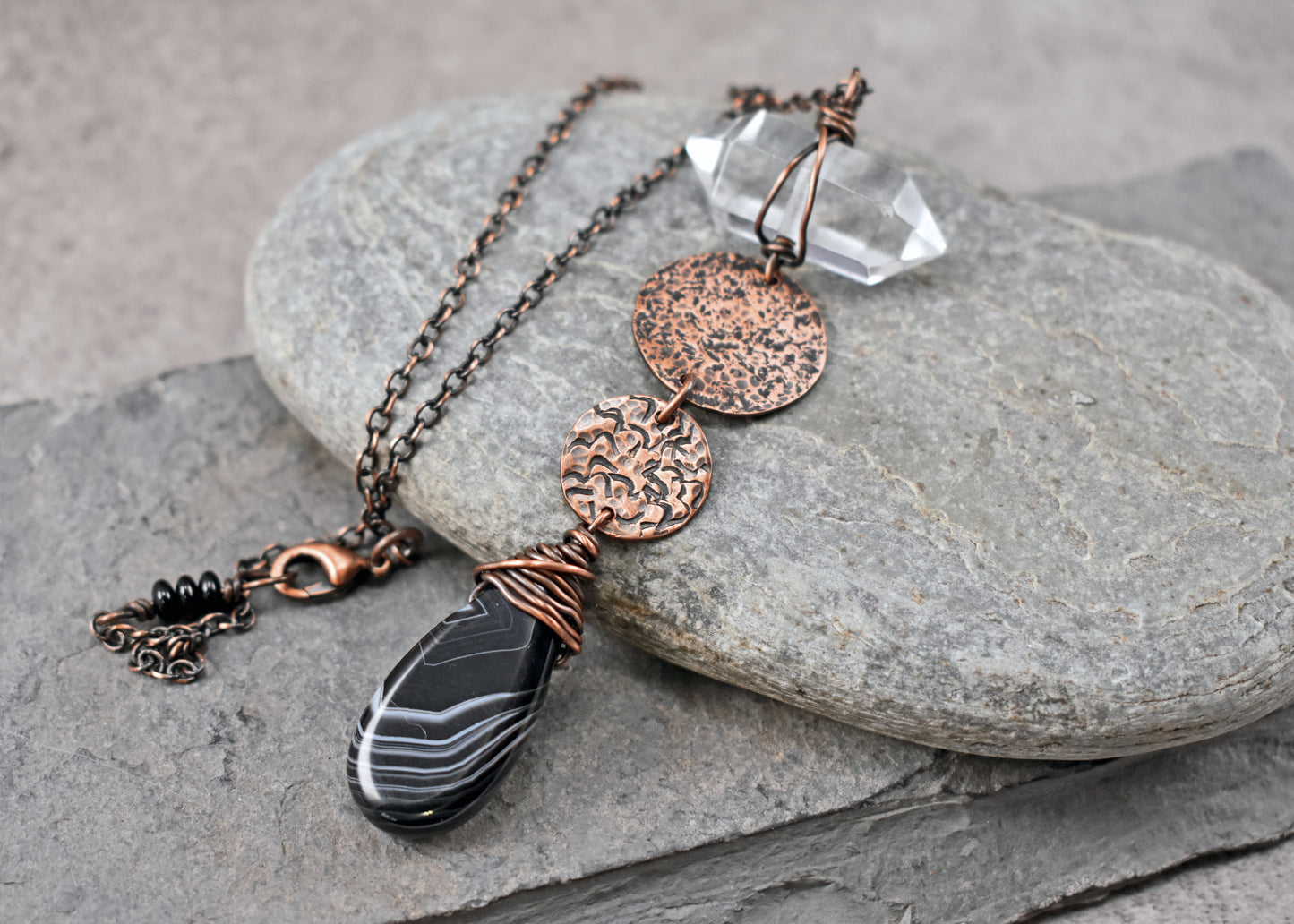 Long Black Sardonyx and Quartz Point Copper Necklace,  Rustic Handmade Jewelry