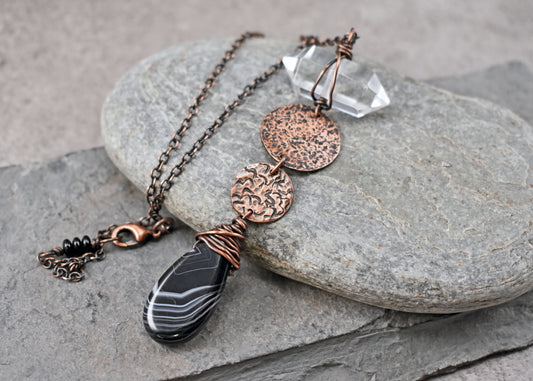 Long Black Sardonyx and Quartz Point Copper Necklace,  Rustic Handmade Jewelry