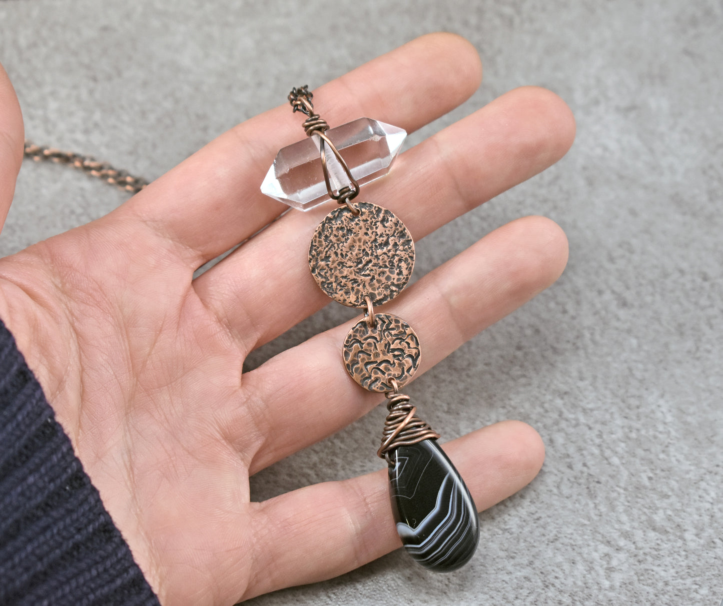 Long Black Sardonyx and Quartz Point Copper Necklace,  Rustic Handmade Jewelry