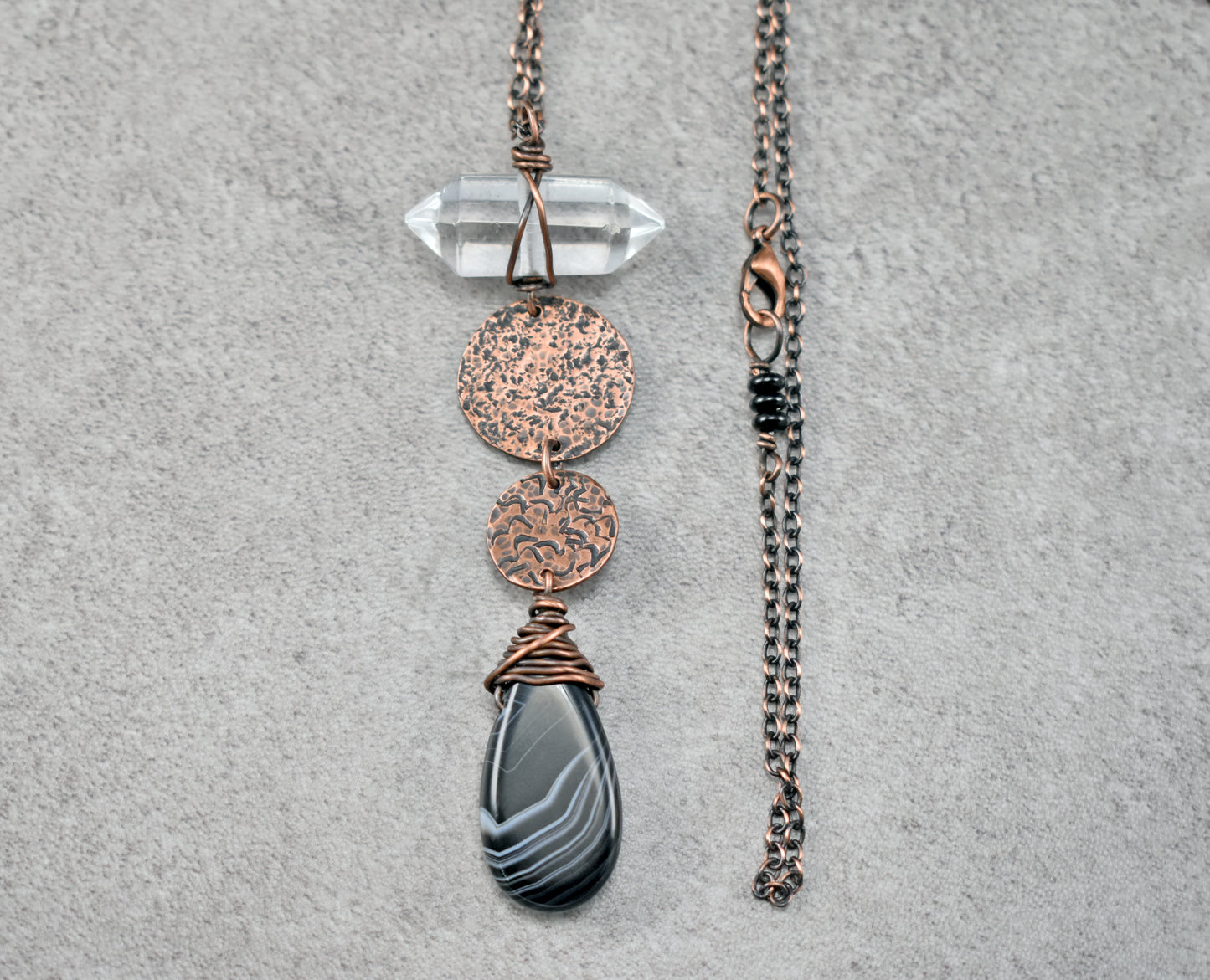 Long Black Sardonyx and Quartz Point Copper Necklace,  Rustic Handmade Jewelry