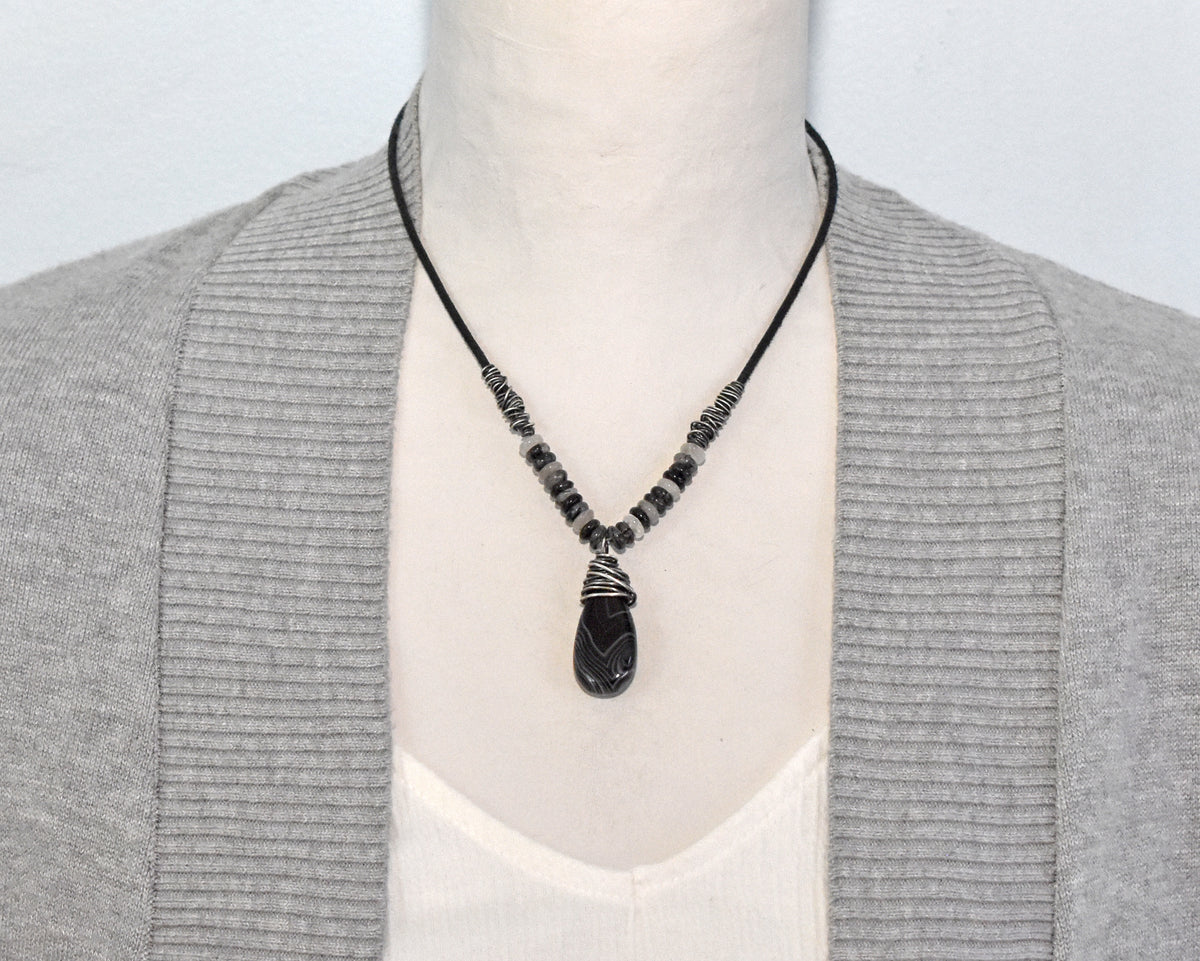 Black Sardonyx, Tourmalinated Quartz, Leather and Sterling Silver Necklace, Natural Gemstone Pendant, Rustic Handmade Jewelry