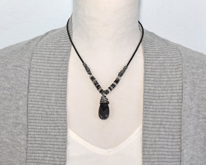 Black Sardonyx, Tourmalinated Quartz, Leather and Sterling Silver Necklace, Natural Gemstone Pendant, Rustic Handmade Jewelry
