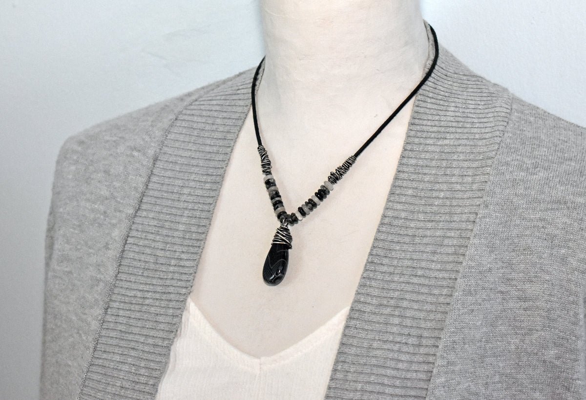 Black Sardonyx, Tourmalinated Quartz, Leather and Sterling Silver Necklace, Natural Gemstone Pendant, Rustic Handmade Jewelry