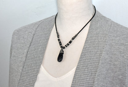 Black Sardonyx, Tourmalinated Quartz, Leather and Sterling Silver Necklace, Natural Gemstone Pendant, Rustic Handmade Jewelry
