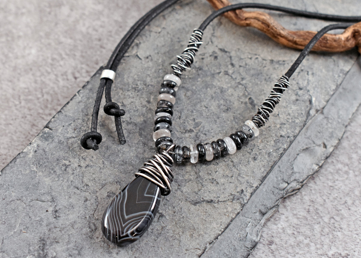 Black Sardonyx, Tourmalinated Quartz, Leather and Sterling Silver Necklace, Natural Gemstone Pendant, Rustic Handmade Jewelry