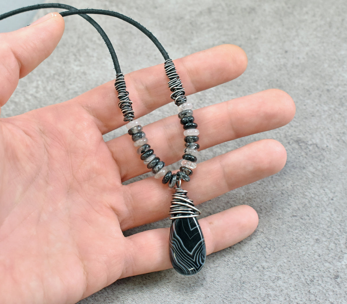 Black Sardonyx, Tourmalinated Quartz, Leather and Sterling Silver Necklace, Natural Gemstone Pendant, Rustic Handmade Jewelry