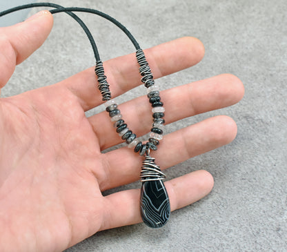 Black Sardonyx, Tourmalinated Quartz, Leather and Sterling Silver Necklace, Natural Gemstone Pendant, Rustic Handmade Jewelry