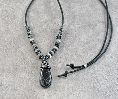 Black Sardonyx, Tourmalinated Quartz, Leather and Sterling Silver Necklace, Natural Gemstone Pendant, Rustic Handmade Jewelry