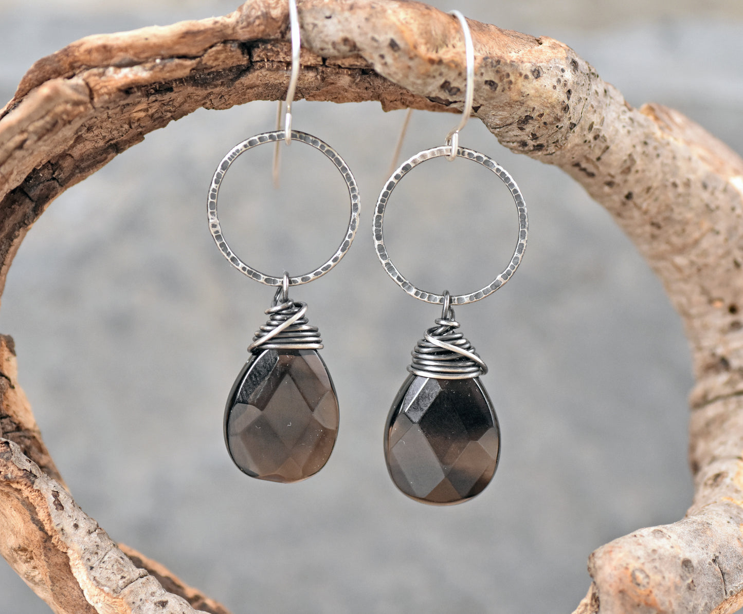Smoky Quartz Teardrop Earrings Sterling Silver, Large Grey Faceted Gemstone Dangles