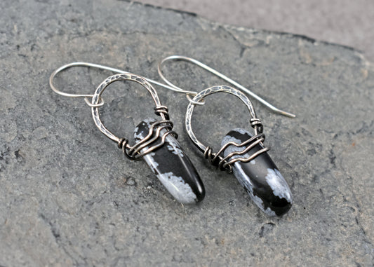 Snowflake Obsidian and Sterling Silver Earrings, Black and White Gemstone Handmade Jewelry