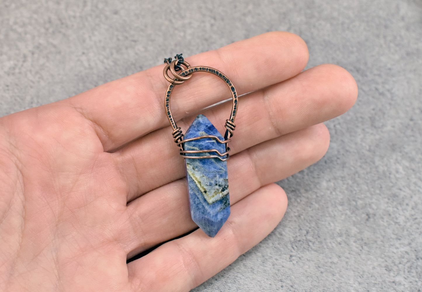 Sodalite Double Terminated Point Pendant, Blue Gemstone and Copper Necklace