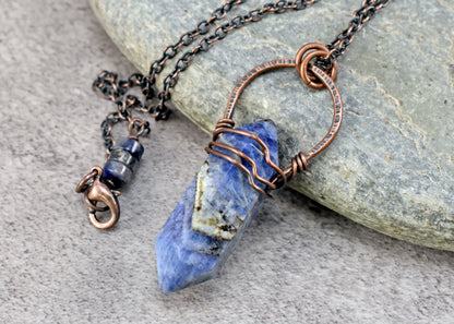 Sodalite Double Terminated Point Pendant, Blue Gemstone and Copper Necklace