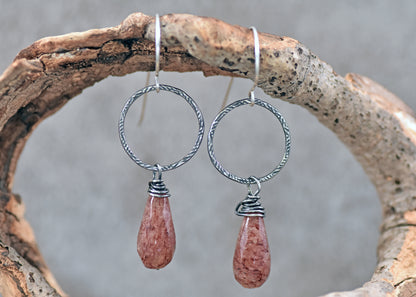 Faceted Strawberry Quartz Sterling Silver Earrings, Pink Gemstone Circle Jewelry