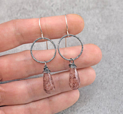 Faceted Strawberry Quartz Sterling Silver Earrings, Pink Gemstone Circle Jewelry