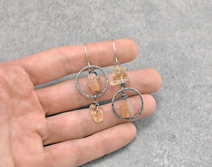 Raw Sunstone and Citrine Asymmetrical Sterling Silver Earrings, Orange and Yellow Handmade Jewelry