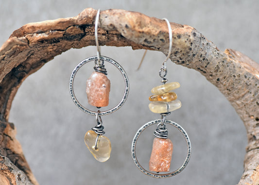 Raw Sunstone and Citrine Asymmetrical Sterling Silver Earrings, Orange and Yellow Handmade Jewelry